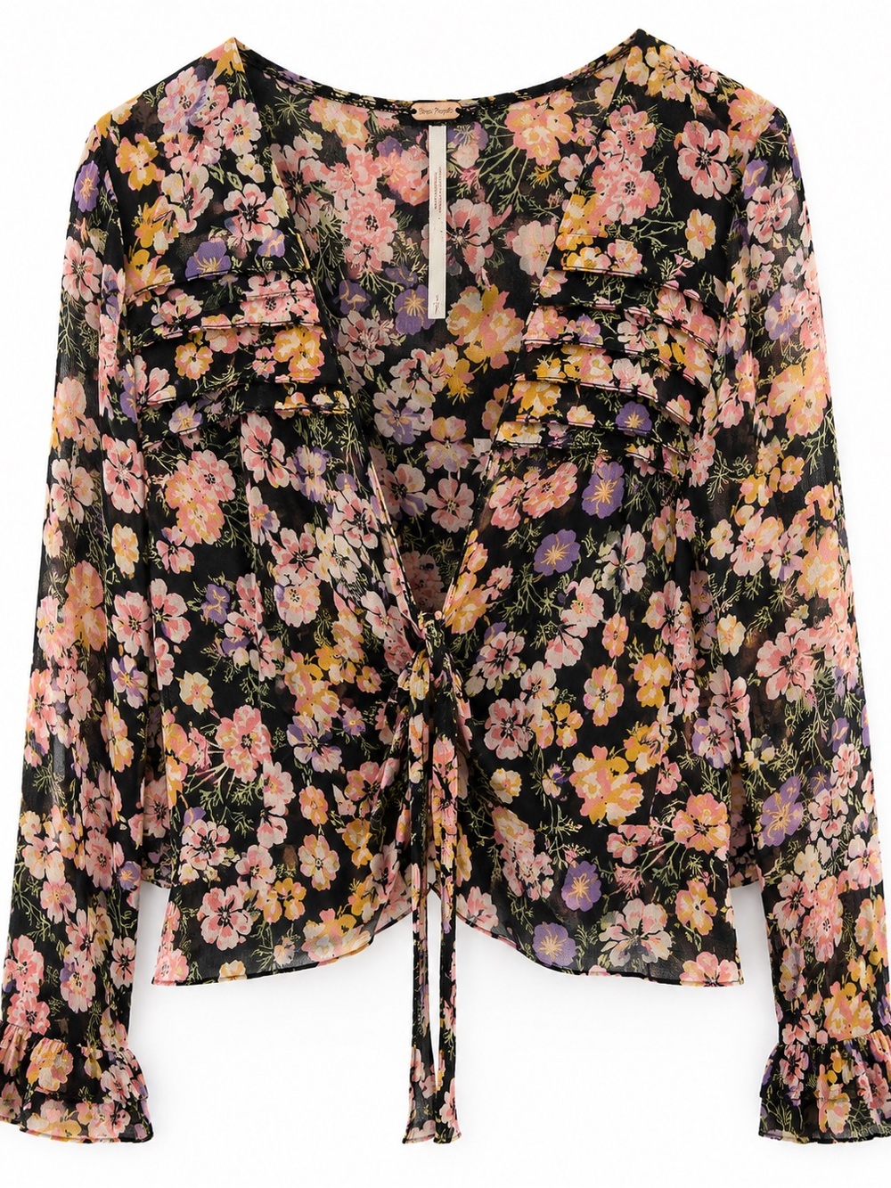 Free People Floral Peplum Top in Black with Pink & Lavender Blooms